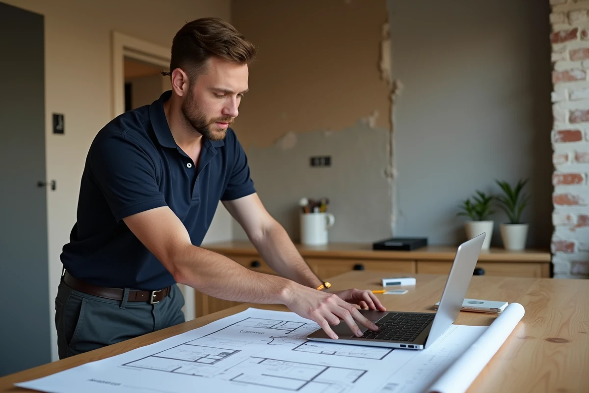 Homme calculant la surface en m2 pour une rénovation sur ordinateur portable avec plans et échantillons de matériaux
