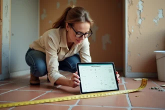 Femme utilisant une calculatrice en m2 sur tablette lors d'une rénovation de salle de bain avec carrelage et mètre ruban