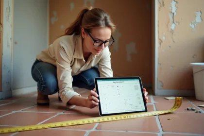 Femme utilisant une calculatrice en m2 sur tablette lors d'une rénovation de salle de bain avec carrelage et mètre ruban