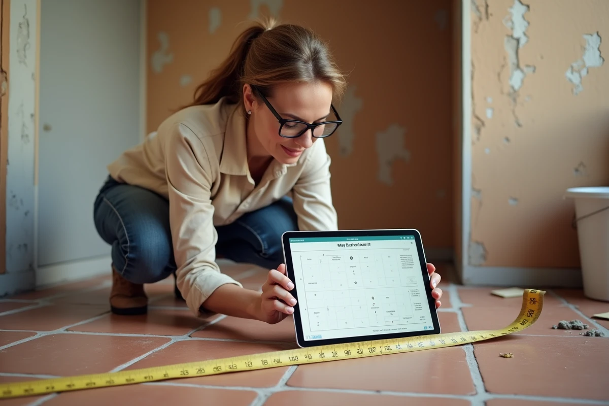 Femme utilisant une calculatrice en m2 sur tablette lors d'une rénovation de salle de bain avec carrelage et mètre ruban