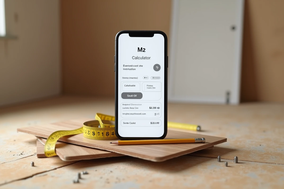 Gros plan d'une calculatrice m2 sur smartphone posée sur des échantillons de parquet stratifié lors d'une rénovation