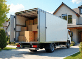 Camion de déménagement devant une maison moderne ensoleillée