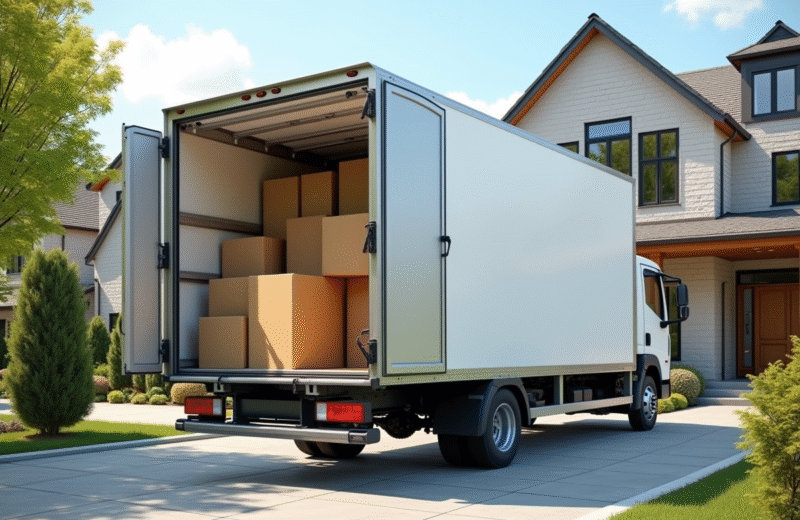 Camion de déménagement devant une maison moderne ensoleillée