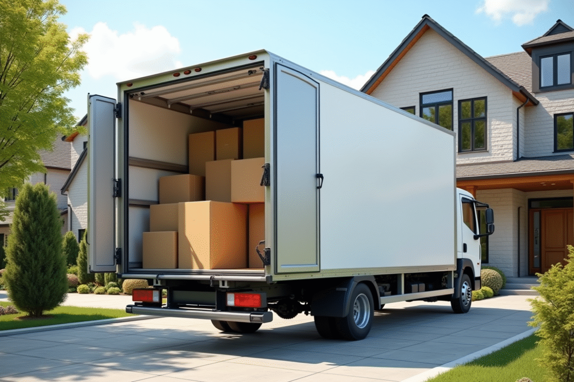 Camion de déménagement devant une maison moderne ensoleillée