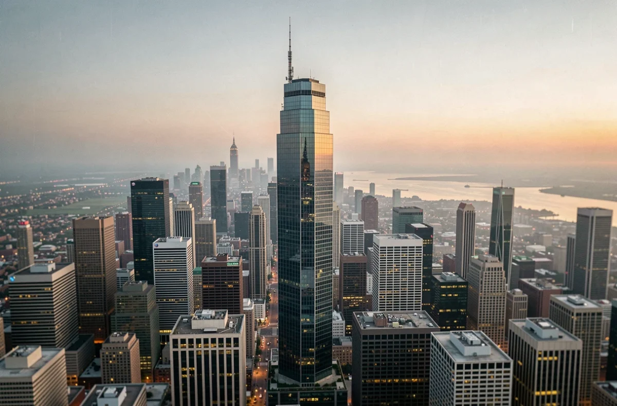 Vue aérienne au crépuscule du Citadel Center dominant la skyline de la ville avec ses bâtiments environnants en arrière-plan