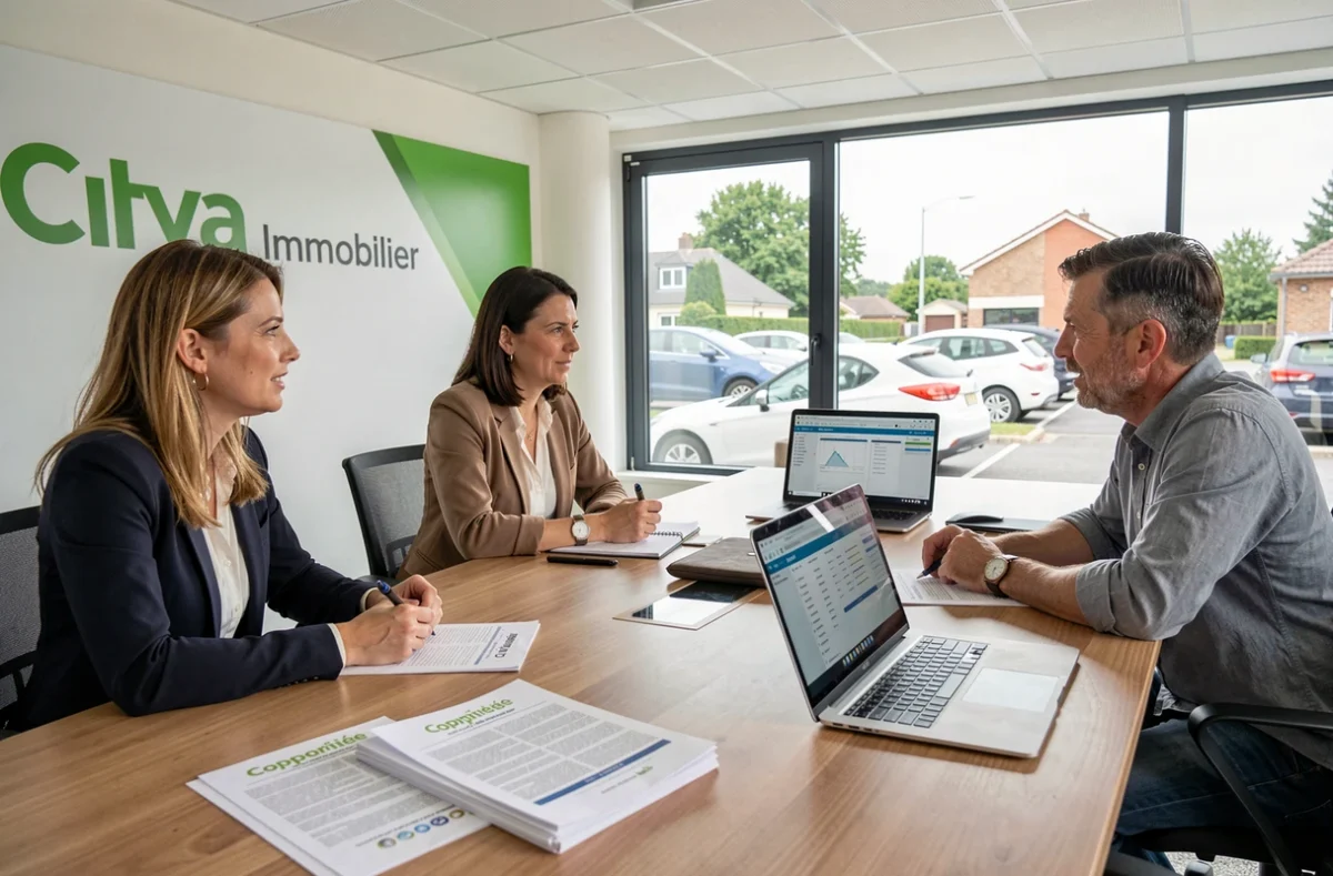 Réunion de gestion de copropriété dans une agence Citya Immobilier des Yvelines avec des professionnels examinant des rapports de syndic autour d'une table