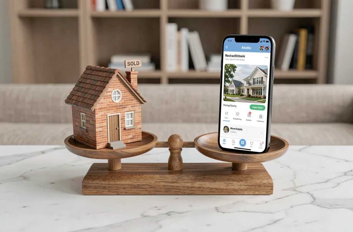 Balance symbolisant le choix entre une agence immobilière traditionnelle et une plateforme digitale comme 123 Net Immo