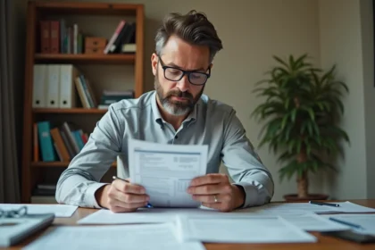 Comptable examinant des documents fiscaux liés à la location meublée et à la taxe d'habitation