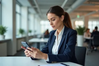 Femme professionnelle se connectant à un portail web d'entreprise sur smartphone en milieu de bureau moderne en 2026