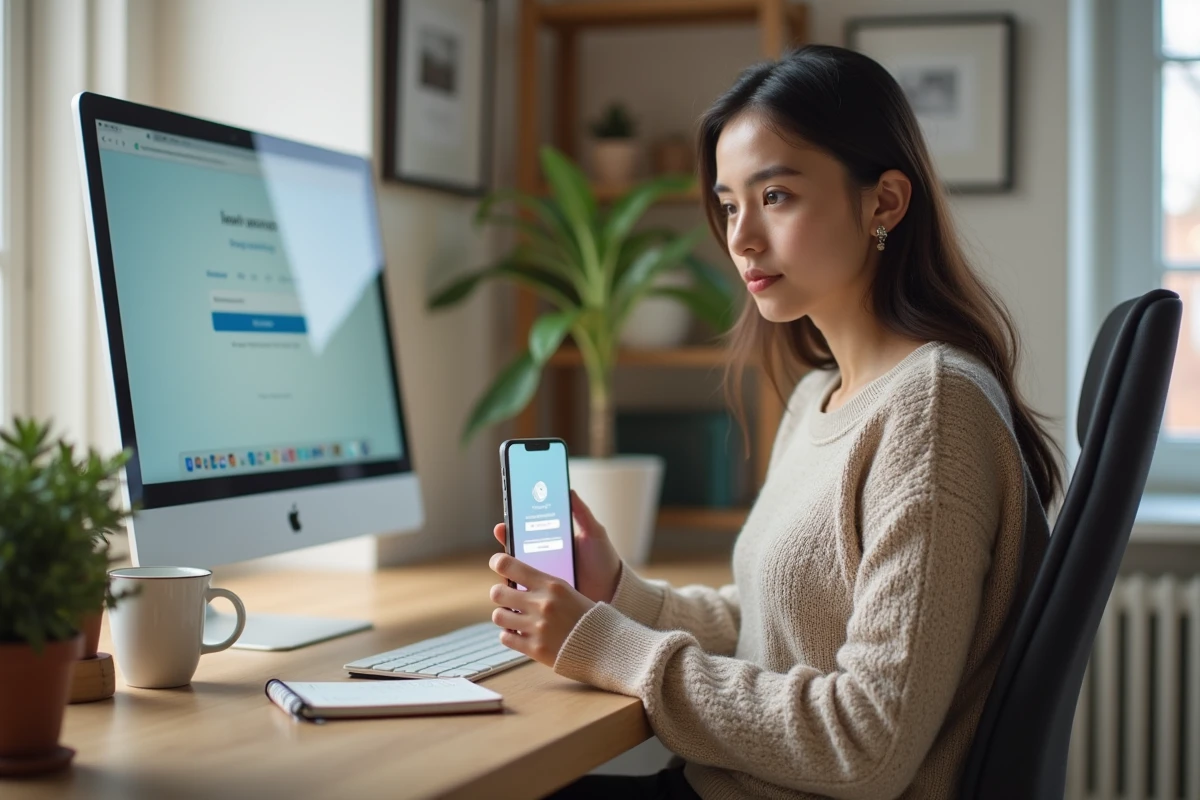 Jeune professionnelle utilisant l'authentification multifacteur pour accéder à un portail web d'entreprise depuis son domicile