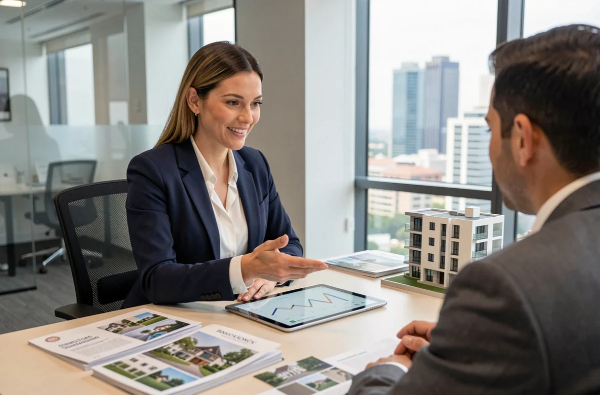 Conseillère en investissement immobilier présentant une simulation de prolongation Pinel à un client dans un bureau moderne