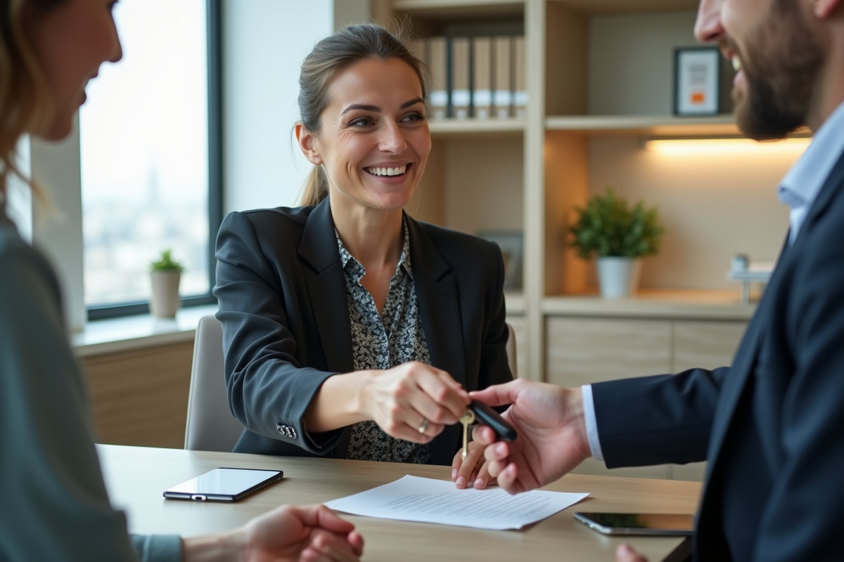 Conseillère en prêt immobilier remettant une clé à un couple