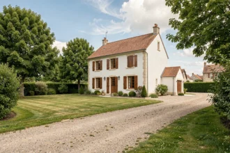Vue grand angle d'une maison individuelle neuve dans la Sarthe avec jardin verdoyant et façade blanche aux volets bois, illustrant le secteur de la construction de maisons individuelles dans la région