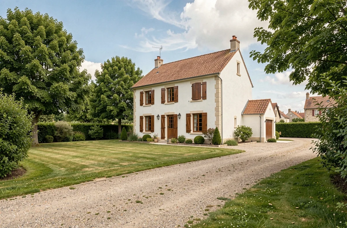 Vue grand angle d'une maison individuelle neuve dans la Sarthe avec jardin verdoyant et façade blanche aux volets bois, illustrant le secteur de la construction de maisons individuelles dans la région