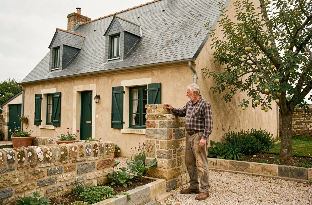 Artisan des Constructions Herbretaises inspectant la façade en enduit pierre d'une maison traditionnelle avec volets verts et toit ardoise dans la Sarthe