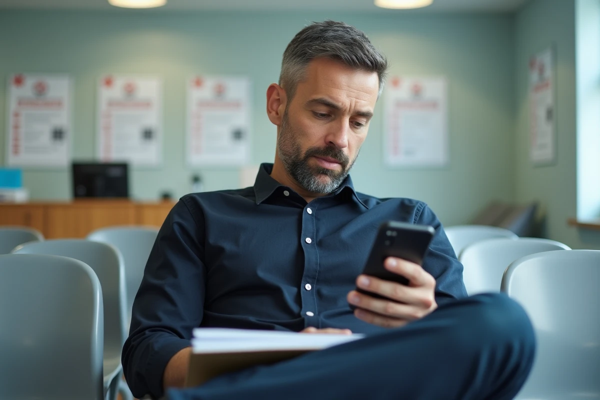 Homme consultant la plateforme AL'in sur smartphone dans une agence de logement social