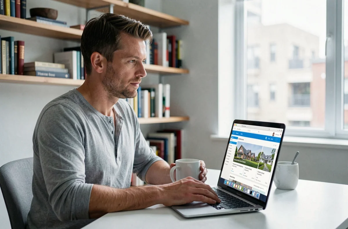 Homme consultant une plateforme immobilière en ligne comme 123 Net Immo depuis son bureau à domicile