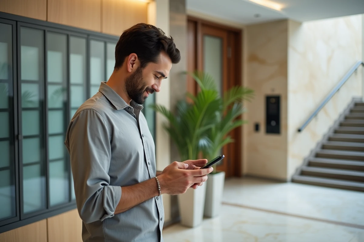 Copropriétaire consultant l'espace clients Foncia sur son smartphone dans le hall d'entrée d'une résidence moderne
