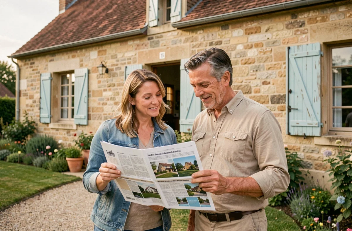 Couple examinant des annonces immobilières devant une maison en pierre traditionnelle dans une région française