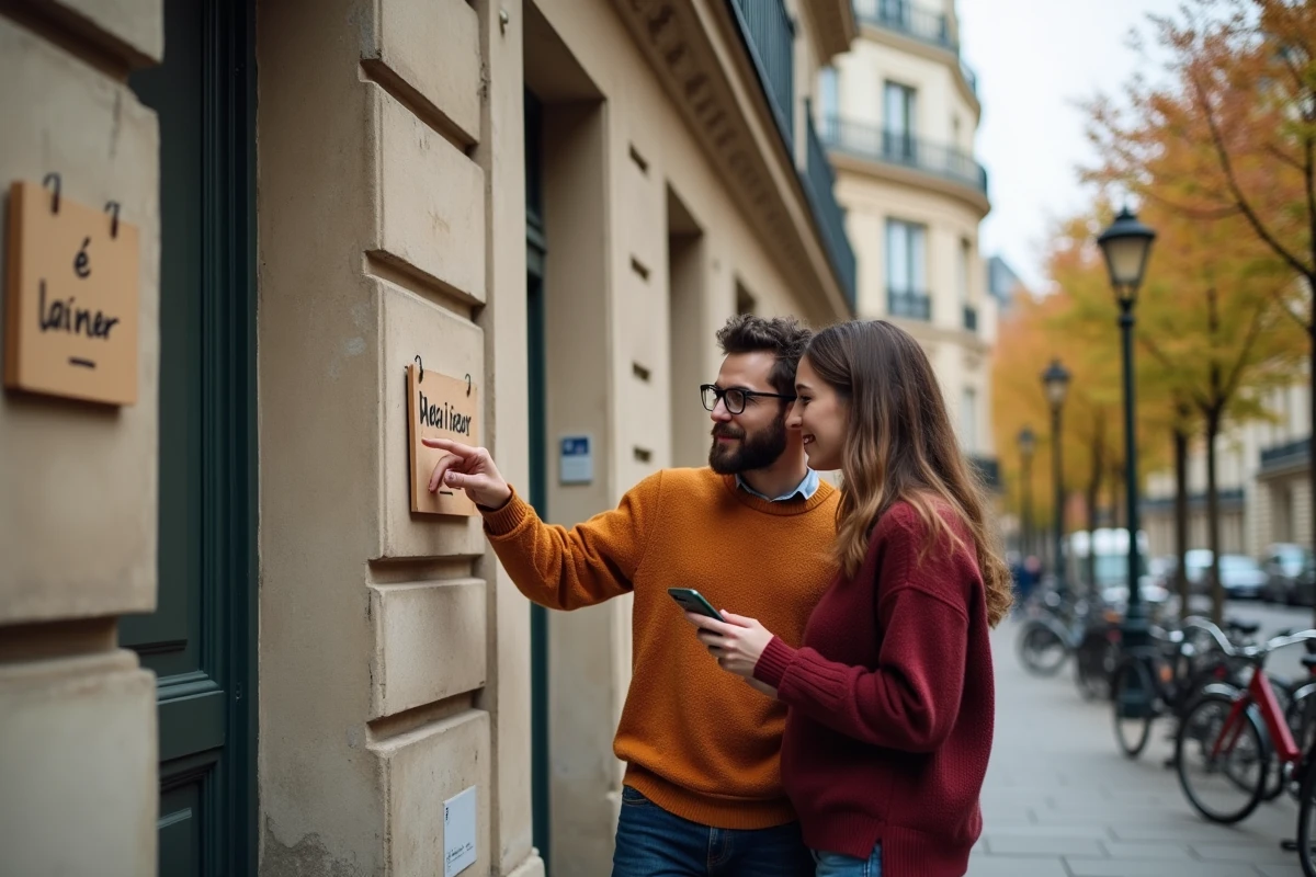Couple de jeunes Parisiens devant un immeuble haussmannien consultant une annonce de location affichée sur la façade