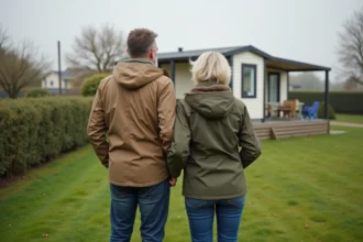 Couple en extérieur regardant un mobilhome en Normandie