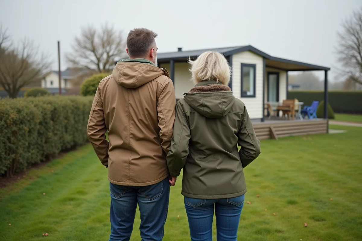 Couple en extérieur regardant un mobilhome en Normandie