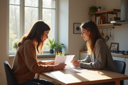 Jeune couple vérifiant documents d'assurance maison dans une cuisine lumineuse