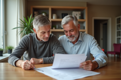 Couple d'adultes examinant des documents de prêt immobilier