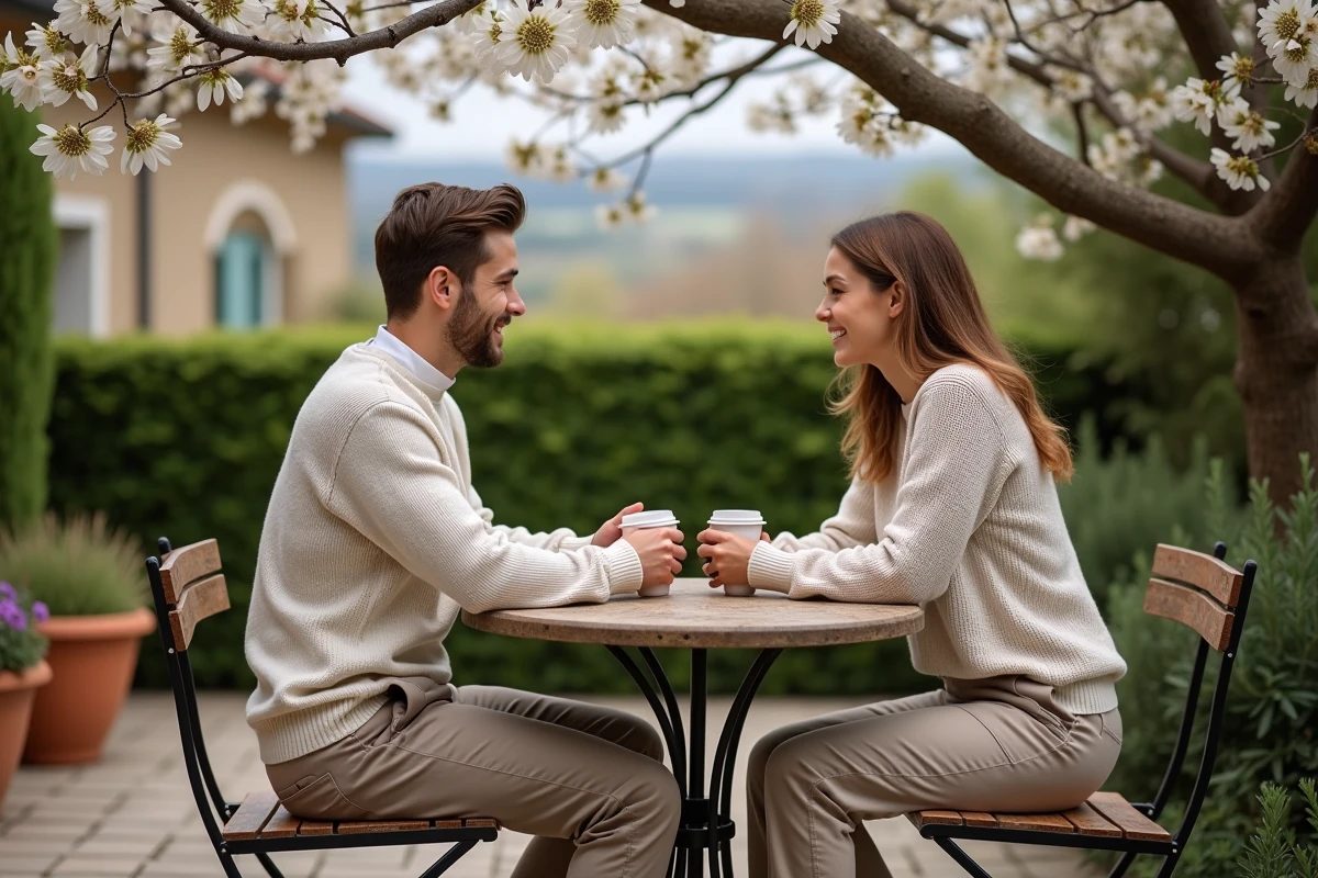 Jeune couple discutant dans un jardin en Gers
