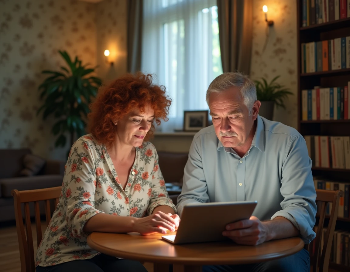 Couple à revenus modestes consultant un formulaire de demande de logement Loccanonce sur tablette dans leur appartement
