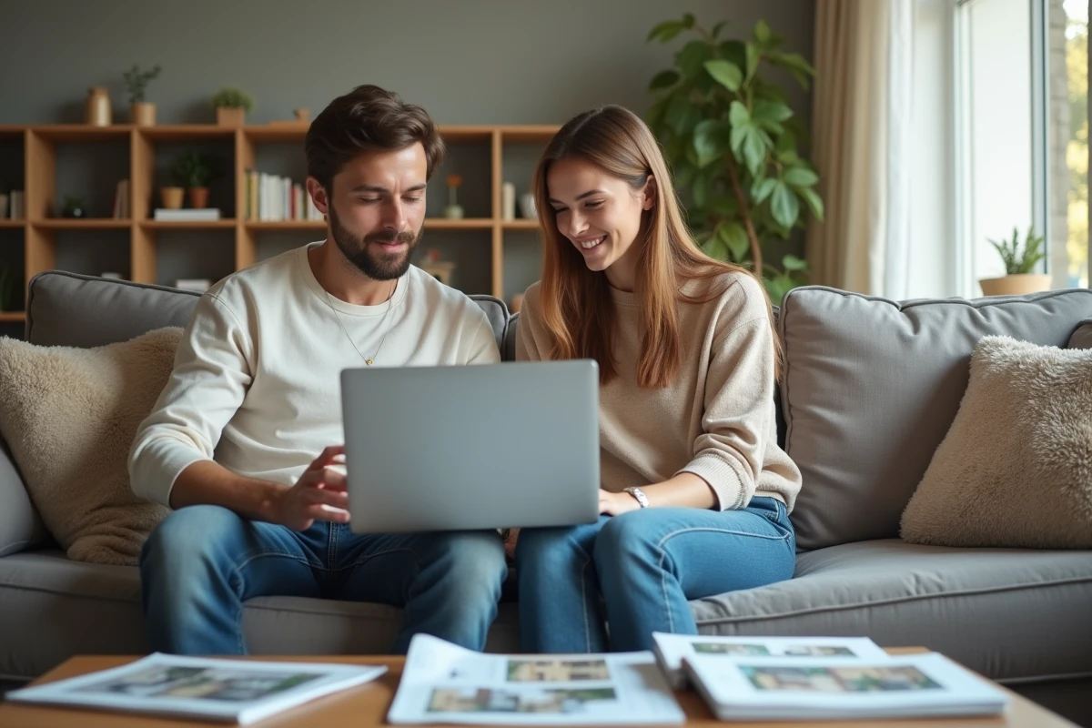 Jeune couple discutant devant un ordinateur dans un salon lumineux