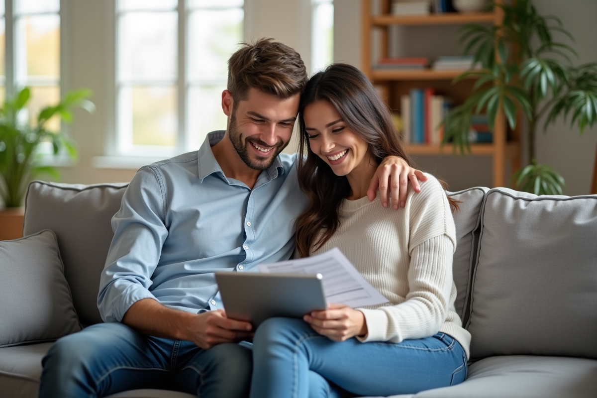 Jeune couple souriant consultent documents financiers à la maison