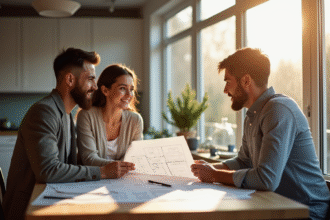 Jeune couple avec agent immobilier et plans dans une cuisine lumineuse