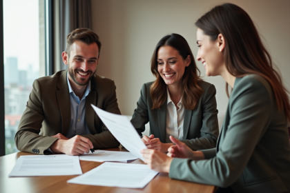 Couple souriant en immobilier avec documents dans un salon moderne