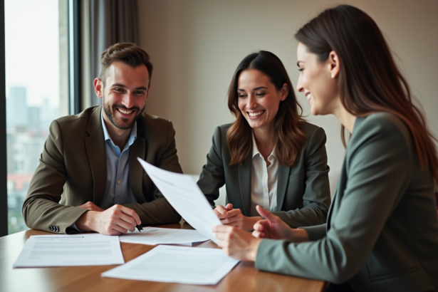 Couple souriant en immobilier avec documents dans un salon moderne
