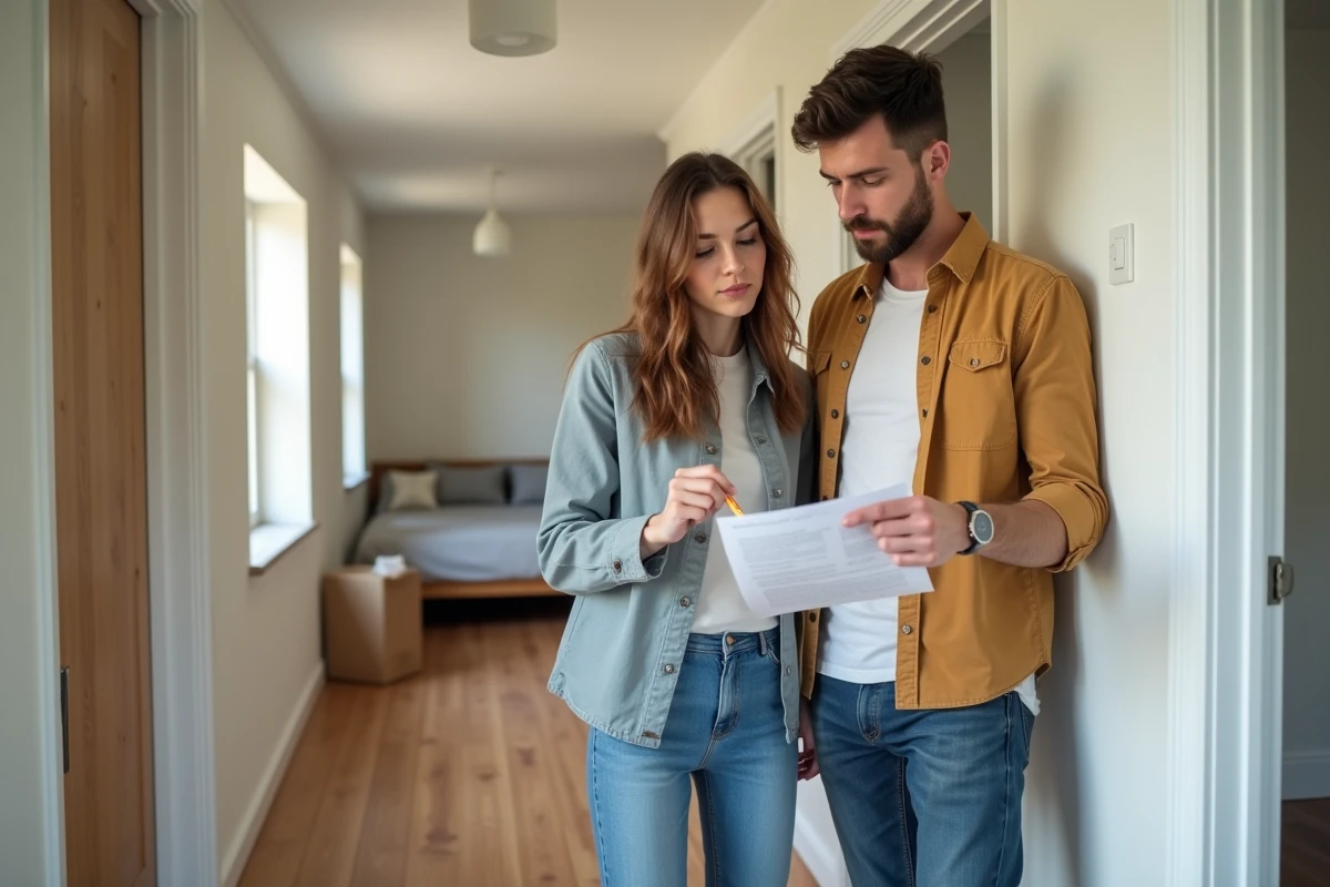 Jeune couple examine un contrat de location dans l