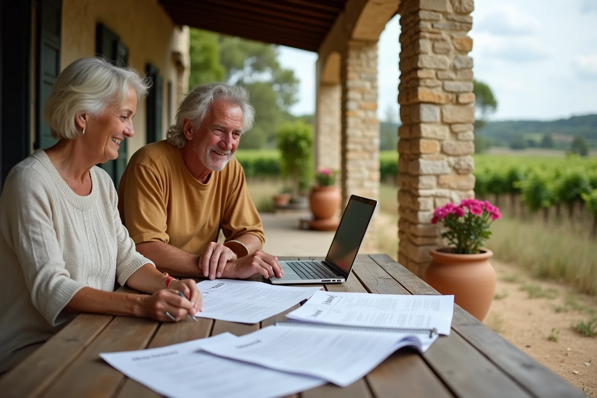 Couple propriétaire de gîte organisant leurs réservations ensemble sur une terrasse en pierre en Provence
