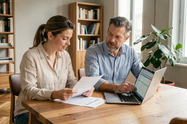 Couple de propriétaires étudiant les documents de prolongation du dispositif Pinel autour d'une table dans un appartement moderne