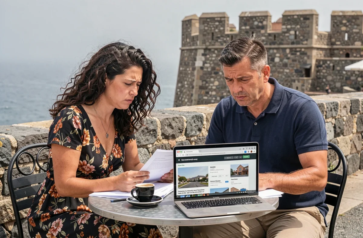 Couple étudiant des offres de location longue durée sur ordinateur près des remparts d'Essaouira avec des documents
