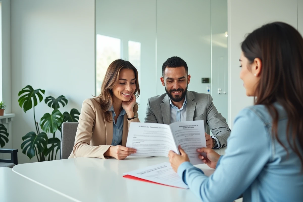 Couple de salariés en mobilité rencontrant un conseiller Action Logement pour une aide au logement lors d'une consultation en agence