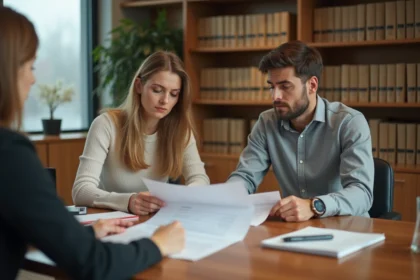 Couple en train de signer des documents immobiliers avec un notaire dans un bureau professionnel, illustrant les démarches liées à la revente d'un bien PTZ