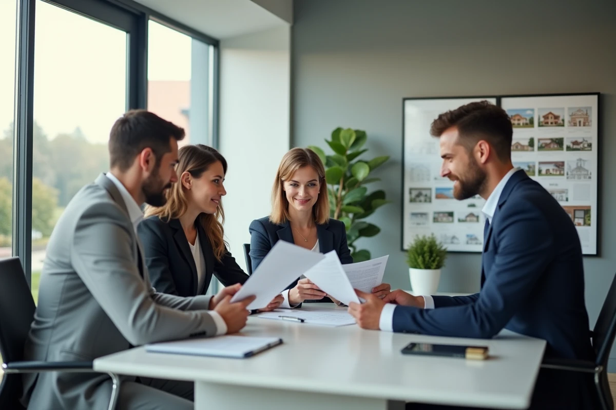 Couple de vendeurs en réunion avec un agent immobilier en agence pour comparer les options de vente rapide