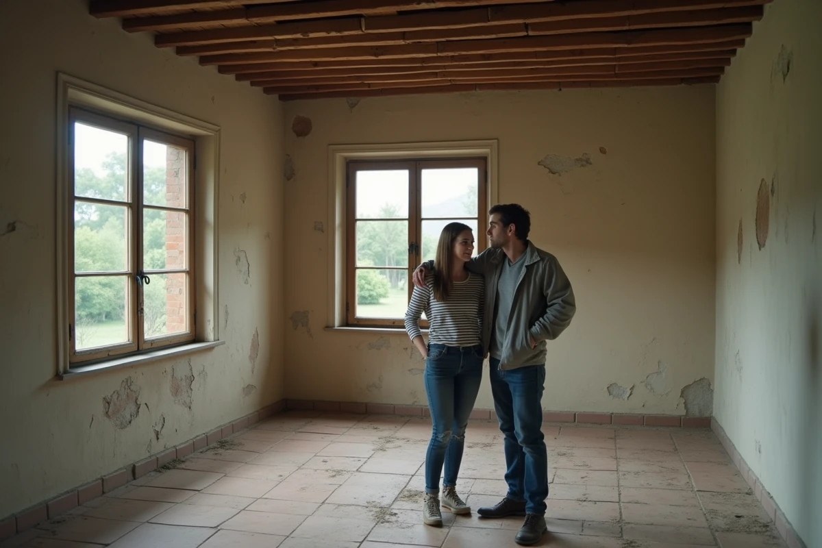 Couple visitant l'intérieur d'une maison vétuste proposée en donation gratuite sous conditions de reprise