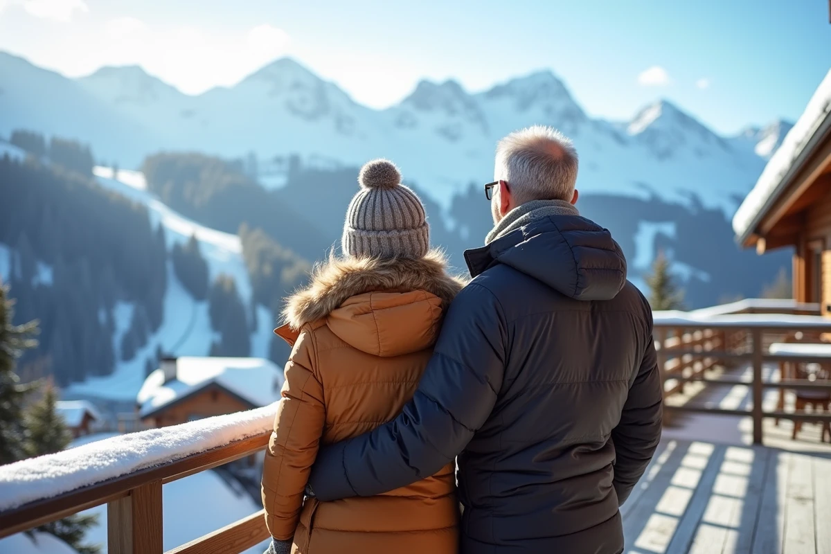 Couple regardant la montagne enneigee depuis un balcon