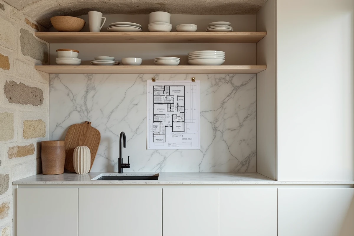 Cuisine optimisée dans un appartement haussmannien avec plan au mur, murs en pierre apparente et meubles laqués blancs