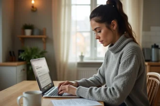 Femme remplissant une demande de logement social sur l'application AL'in depuis son domicile