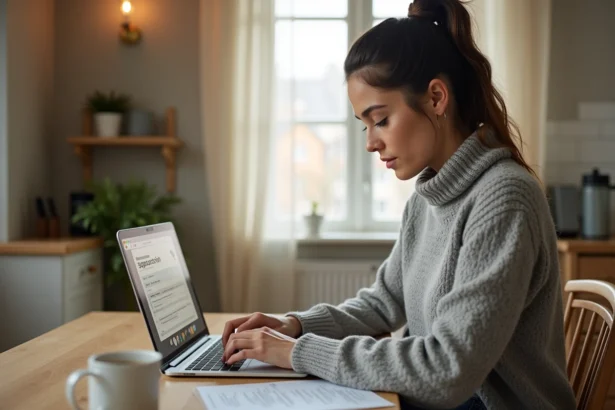 Femme remplissant une demande de logement social sur l'application AL'in depuis son domicile