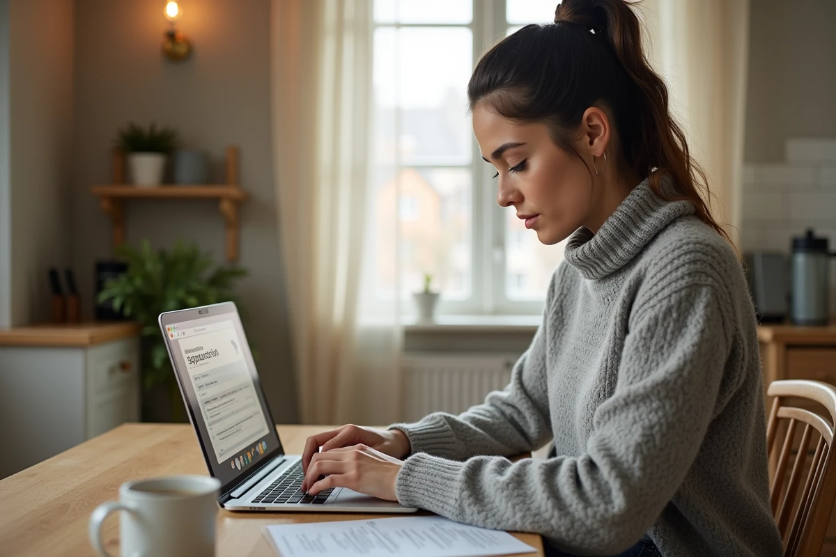Femme remplissant une demande de logement social sur l'application AL'in depuis son domicile