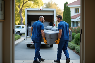 Deux déménageurs portant un canapé moderne devant une maison