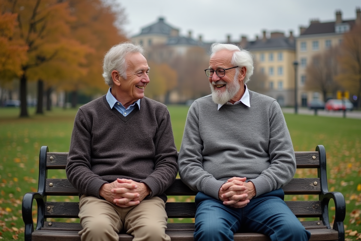 Deux hommes seniors discutant assis sur un banc dans un parc